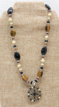 CHAPS Browns Beads Tiger Eye Stones Necklace Pendant Sunburst Leather Cord - £10.40 GBP
