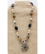 CHAPS Browns Beads Tiger Eye Stones Necklace Pendant Sunburst Leather Cord - £10.35 GBP