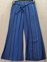 Indigo Rein Pants Women Small Blue Striped Linen Pocket Drawstring Wide Leg Slit - £17.67 GBP