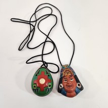 Ocarina Pendant Lot of 2 Wood Necklace Flute Painted Woman&#39;s Face Vtg - £22.74 GBP