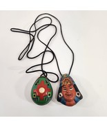 Ocarina Pendant Lot of 2 Wood Necklace Flute Painted Woman&#39;s Face Vtg - £22.82 GBP