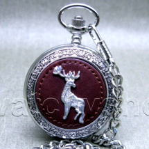 Pocket Watch Silver Color Leather Cover Deer Design for Men with Fob Chain P125 - £16.47 GBP