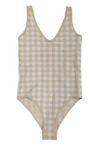 AURA Knit Checkered Bodysuit Womens Size Medium Beige White Snap Crotch - £23.64 GBP