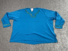 Quacker Factory Shirt Womens 3X Blue Sequin Keyhole Neck 3/4 Sleeve Top ... - $19.79