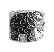 Burnished Silver Textured Black Epoxy Elephant with Swirl Design Cuff Bracelet - £30.71 GBP