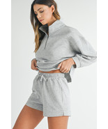 Light Grey Stand Neck Zipped Sweatshirt and Shorts Set - $706.19 MXN