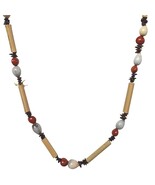 Ethnic Beaded Necklace Bamboo Look Red &amp; White Oval Beads Handmade Jewelry - €21,40 EUR
