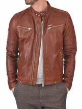 Men&#39;s Original Lambskin Genuine Leather Biker Brown Slim Fit Jacket - £127.59 GBP