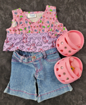 Build A Bear Spring Outfit Sleeveless Paisley Shirt Jeans Sparkle Crocs Shoes - £15.55 GBP