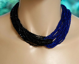 Multi Strand (20) Glass Seed Bead Choker Necklace Half Blue &amp; Half Black  17&quot; - £16.07 GBP