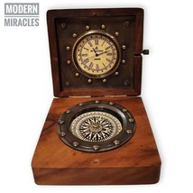 Bussola nautica in ottone in scatola di legno con orologio Vintage Antiq... - £27.25 GBP