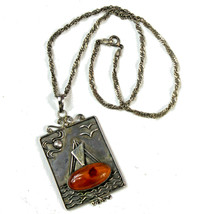 Amber Sterling Sailboat Pendant Necklace 925 Silver on 15in Chain Vintag... - $98.99