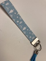 Wristlet Key Fob Keychain Faux Leather Christmas Trees Blue with Tassel New - £5.40 GBP
