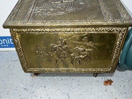 Vintage Brass Wood Coal/Kindling Log Box Embossed Horse and Home Scenes - $129.99