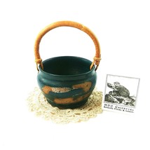 Pottery Basket Planter Storage Artisan Signed on Bottom Green with Bamboo Handle - £24.91 GBP