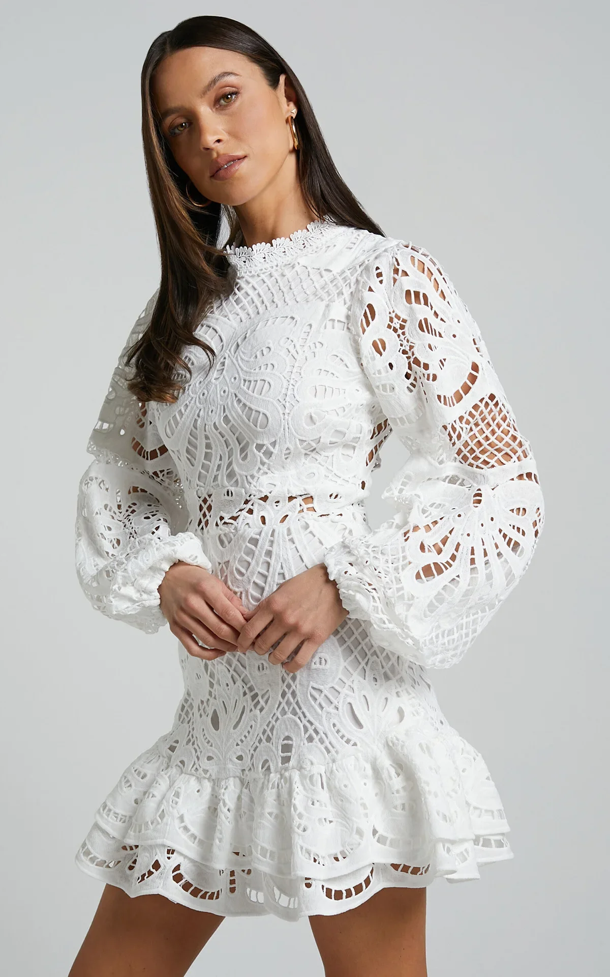 Mini Lace Dress with Stand Collar Long Sleeves &amp; Waist-Fitted A-Line Ruf... - $108.65 CAD