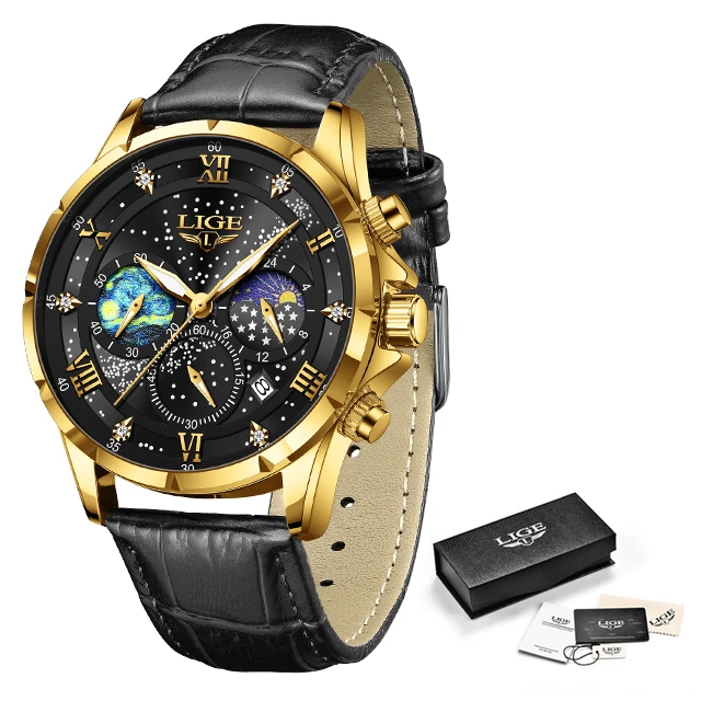 LIGE Men  Casual  Watch Men  Waterproof Date   Wristwatch Male  Leather Clock - £93.10 GBP