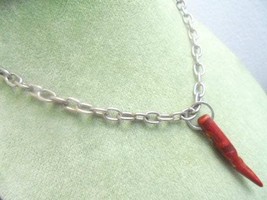 Heavy NECKALCE cable CHAIN in sterling silver 925 with good luck horn in red cor - £39.16 GBP