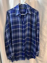 Ralph Lauren Soft Blue Plaid Long Sleeve Button Down Blouse - Large - $11.21