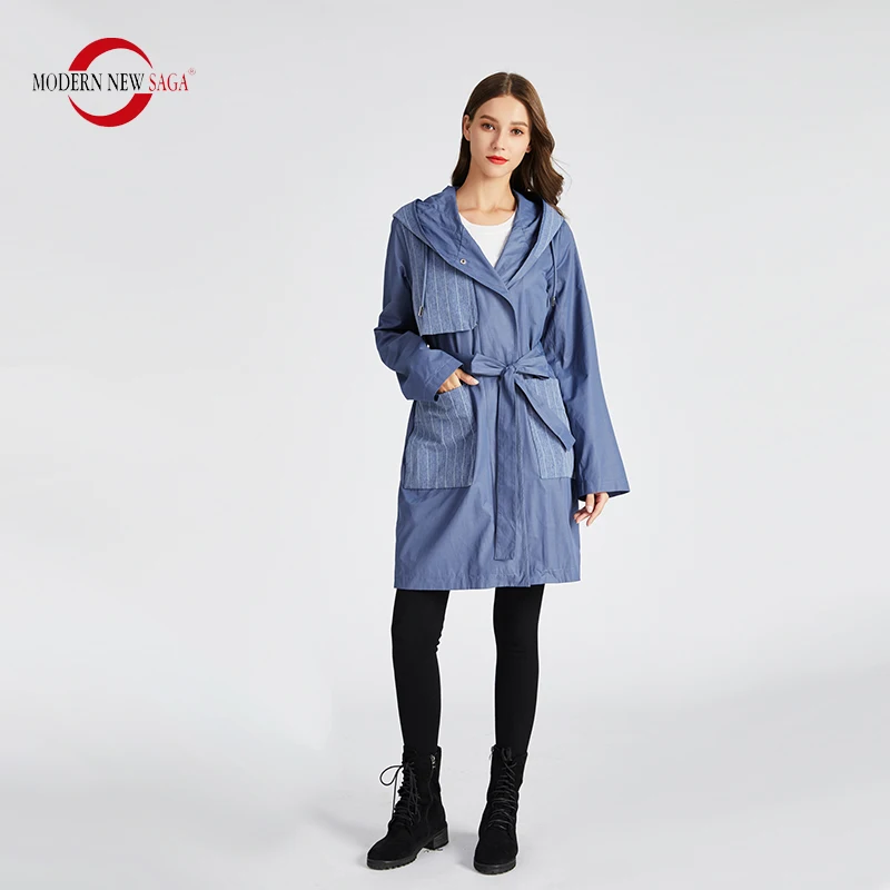MODERN NEW SAGA  Trench Coat Fashion Long Coat Autumn Coat  Hooded Belt ... - £145.82 GBP