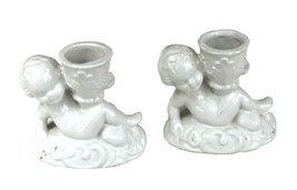 Pair Vintage 1973 White Ceramic Cherub Figurine 2-3/4” Candle Holders - £4.79 GBP