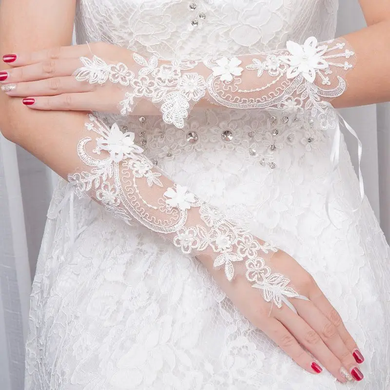 Play Women Wedding Fingerless Gloves Lace Faux Pearl Floral Applique Aknot Mitte - £23.17 GBP