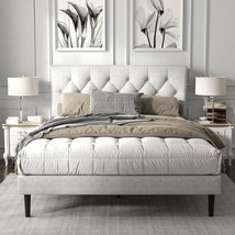 Full Size Platform Bed Frame With Upholstered Button Tufted, Light Grey - £144.02 GBP