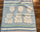 Vintage Blue Fleece Teddy Bears With Balloons Acrylic Baby Blanket WPL 1... - $66.49