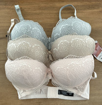 Rene Rofe Bra 36D Lingerie Lightly Padded Underwire 3 Pack Lace Pink Blu... - £25.54 GBP
