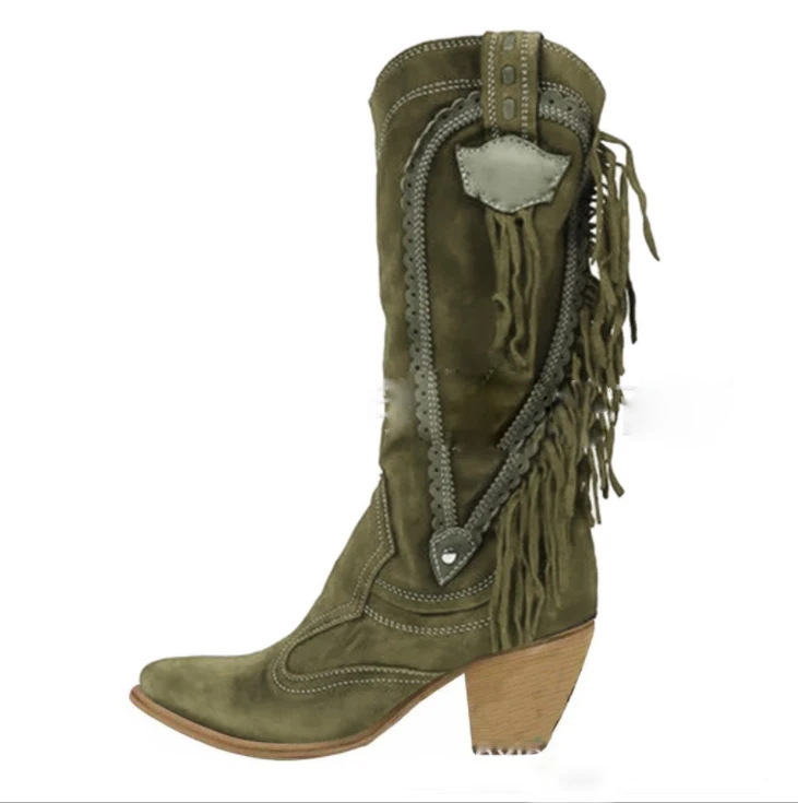 Fashion Tel Boots Women Mid-calf Low Heel Bohemia Style Motorcycle Boots Fringed - £147.88 GBP