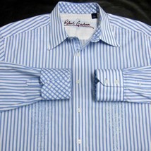 Robert Graham Embroidered Large Blue White Striped Button Front Shirt Flip Cuffs - £31.72 GBP