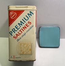 Vintage Nabisco Premium Saltine Crackers Tin 14 oz Light Blue Lid USA 9.5&quot; Tall - £16.67 GBP