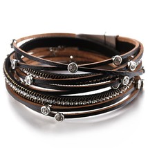 Amorcome Leather Bracelet Female Trendy Rhinestone Crystal Charm Femme Multilaye - $11.67