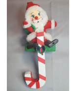 Vintage Santa with Wood Candy Cane Stocking Hook 7-3/4 in Painted Face - £19.31 GBP