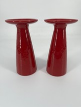 Crate &amp; Barrel Set of 2 Pillar Candle Holders Ceramic Red 8.5&quot; - £23.25 GBP