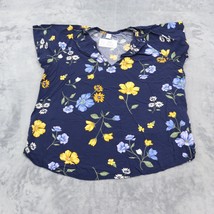 Old Navy Shirts Women L Blue Knit Floral V Neck Cap Sleeve Side Slit Blouse - £18.14 GBP