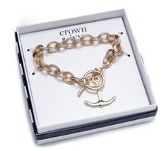 New Crown &amp; Ivy  Bracelet Gold-Tone Single Anchor Charm Link Rhinestone Box - £14.72 GBP