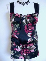 Charlotte Tarantola Silk Floral Cami Top S Black Pink Rose Smocked Anthropologie - £17.51 GBP