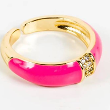 Pink Enameled &amp; Crystal Gold Cuff Band Statement Ring - £14.09 GBP