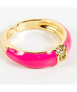 Pink Enameled &amp; Crystal Gold Cuff Band Statement Ring - £14.08 GBP