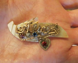 VTG Name ALICE Wire Brooch MOP Leaf Red White Blue Rhinestones Gold Tone... - £15.71 GBP