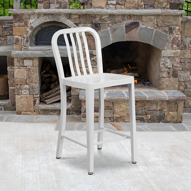 24" White Metal Outdoor Stool CH-61200-24-WH-GG