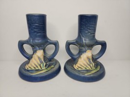 Roseville Pottery Blue Freesia Candle Holders #1161-4 1/2 Blue set - £103.90 GBP
