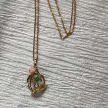 Vintage Dainty Goldtone Chain w Carved Light Orange Seashell Rose &amp; Green Round - £8.33 GBP