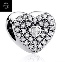 Genuine Sterling Silver 925 Love Heart Bead Charm For Bracelets With Clear CZ - £15.71 GBP