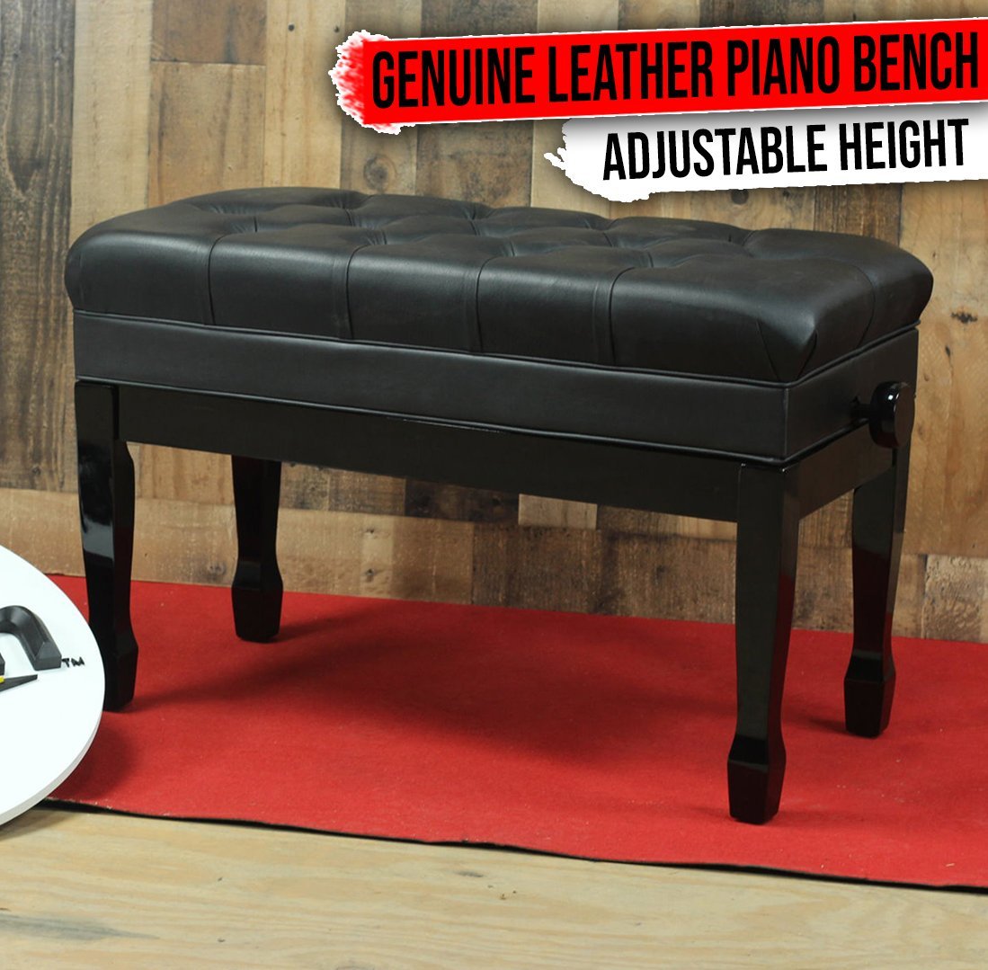 GRIFFIN Genuine Leather Piano Bench | Oversize Duet Vintage Black Solid Wood & E