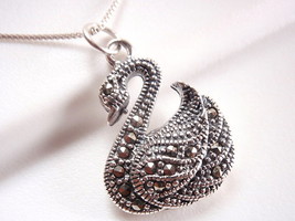 Swan Marcasite Necklace 925 Sterling Silver Corona Sun Jewelry avian pond bird - £51.06 GBP