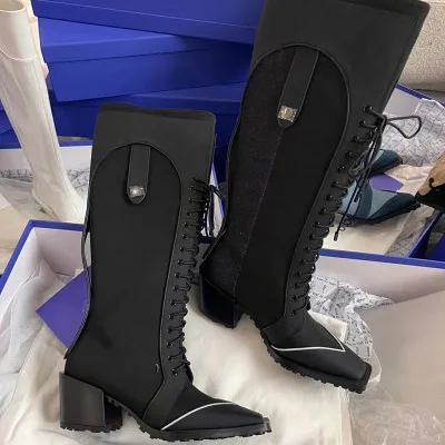 2022 autumn and winter new women s boots square toe colorblock thick heel front lace up thumb200