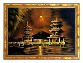 Vtg Framed Black Velvet Painting Asian Pagoda Sunset Lagoon Scene  - £79.60 GBP