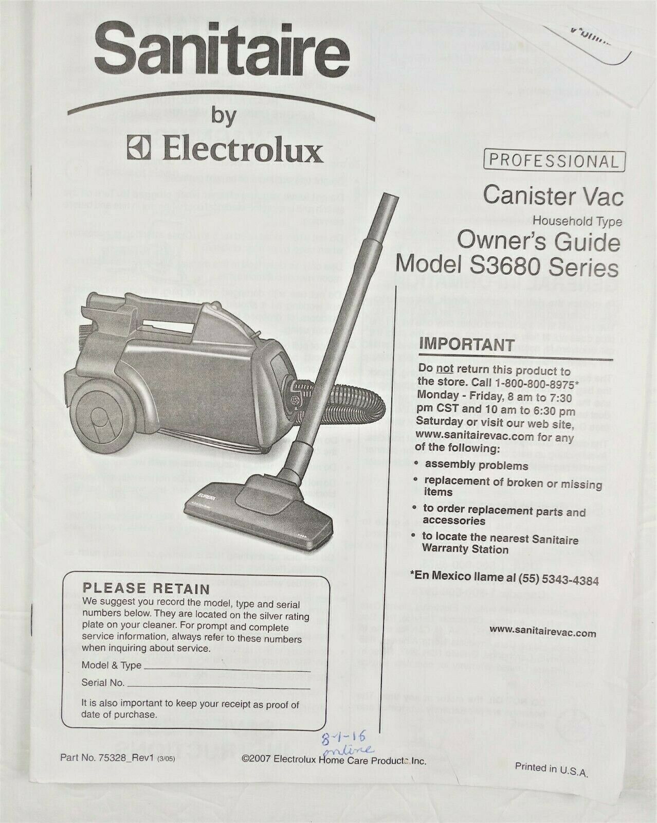 Primary image for Sanitaire Model s3680 Vacuum Instruction Manual Original English, French Spanish